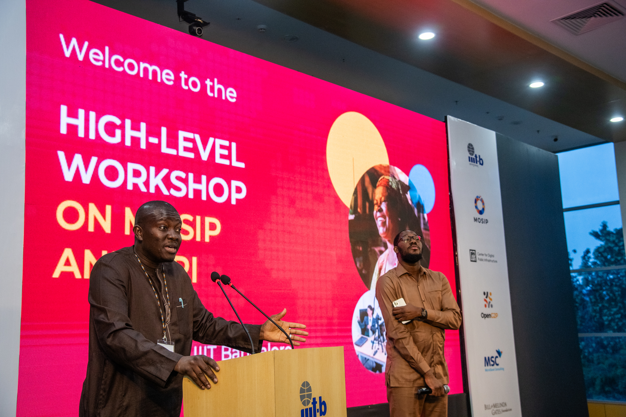 Professor Assane Gueye, and Gabi Adotevi, MOSIP Account Manager for West Africa, delivers an address at the High-Level Workshop on MOSIP and Digital Public Infrastructure, conducted at the International Institute of Information Technology (IIIT) campus in Bengaluru, India on October 4, 2023.