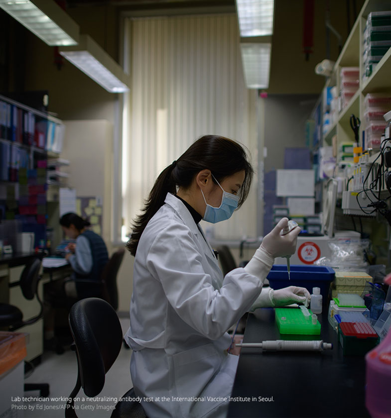 Lab technician working on a neutralising antibody test on the Middle Eastern Respiratory Syndrome (MERS) coronavirus at a Bio Safety Level (BSL) 3 laboratory at the International Vaccine Institute (IVI) in Seoul.