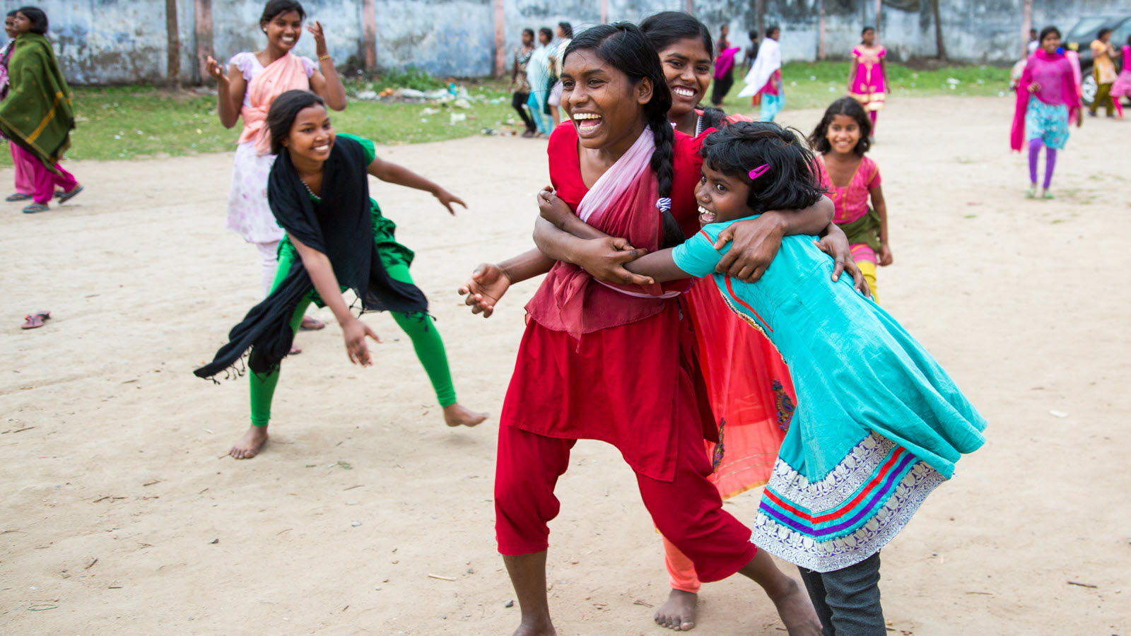 Girls studying at the Prerna School run by Sudha Varghese's Nari Gunjan, play in front of the school in Danapur, Bihar, India, on March 15, 2015.