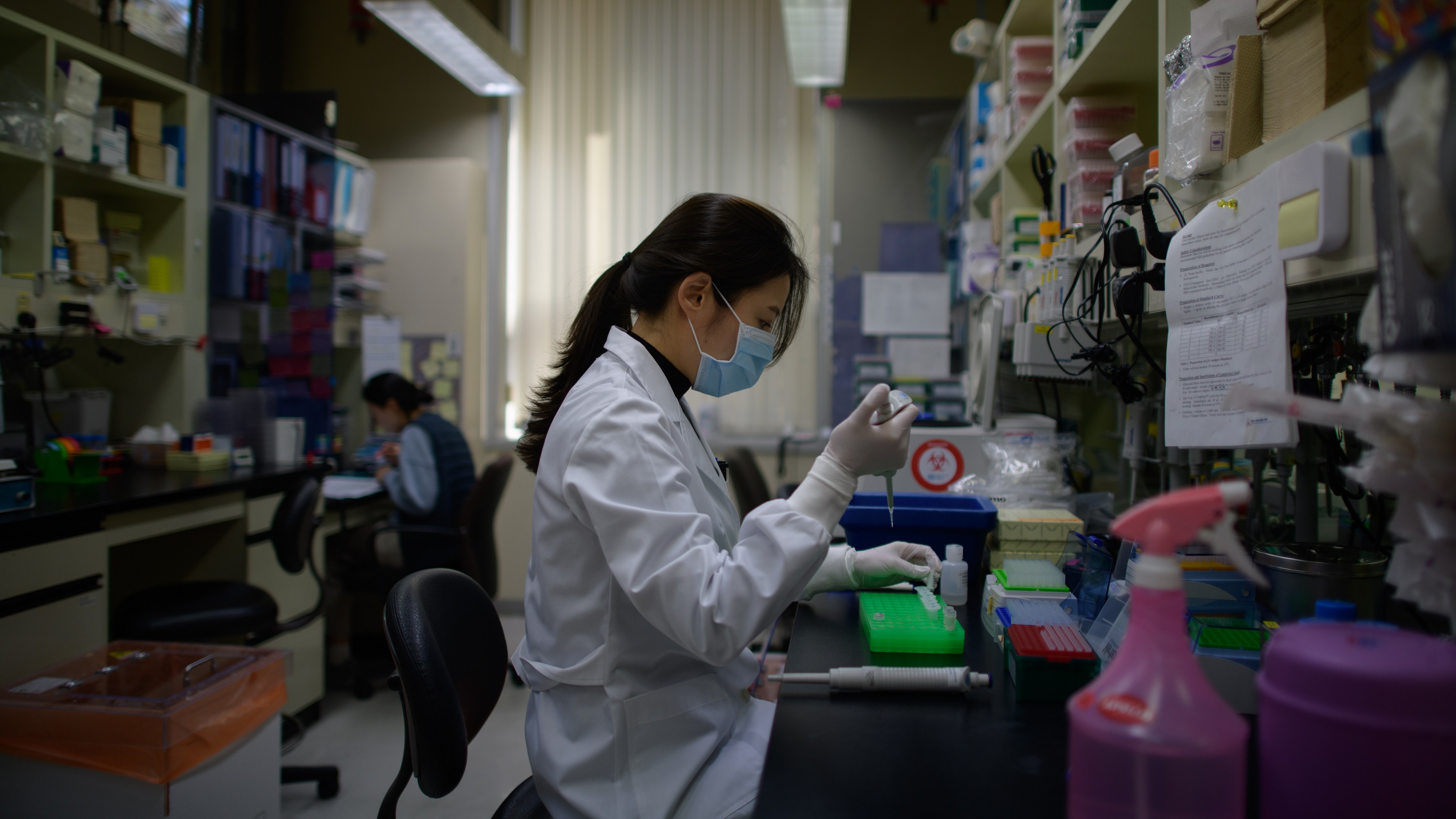 Lab technician working on a neutralising antibody test on the Middle Eastern Respiratory Syndrome (MERS) coronavirus at a Bio Safety Level (BSL) 3 laboratory at the International Vaccine Institute (IVI) in Seoul.