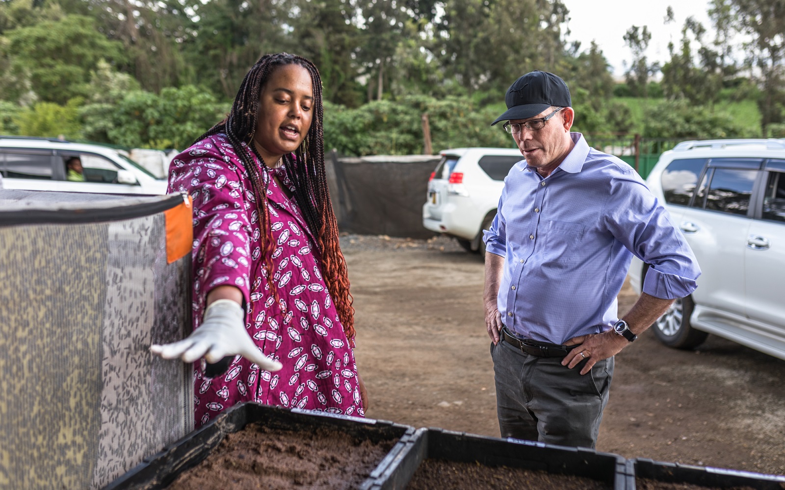 Mark Suzman, the CEO of the Bill & Melinda Foundation, with Talash Hujibers, the founder and CEO of InsectiPro, during their visit to the insect breeding facility in Limuru, Kenya, on April 27, 2023. InsectiPro breeds black soldier flies and crickets and aims to secure Africa's future by providing sustainable protein sources. The black soldier flies are used to produce animal feed and fertilizer, while the crickets are processed into high-protein food snacks for human consumption.