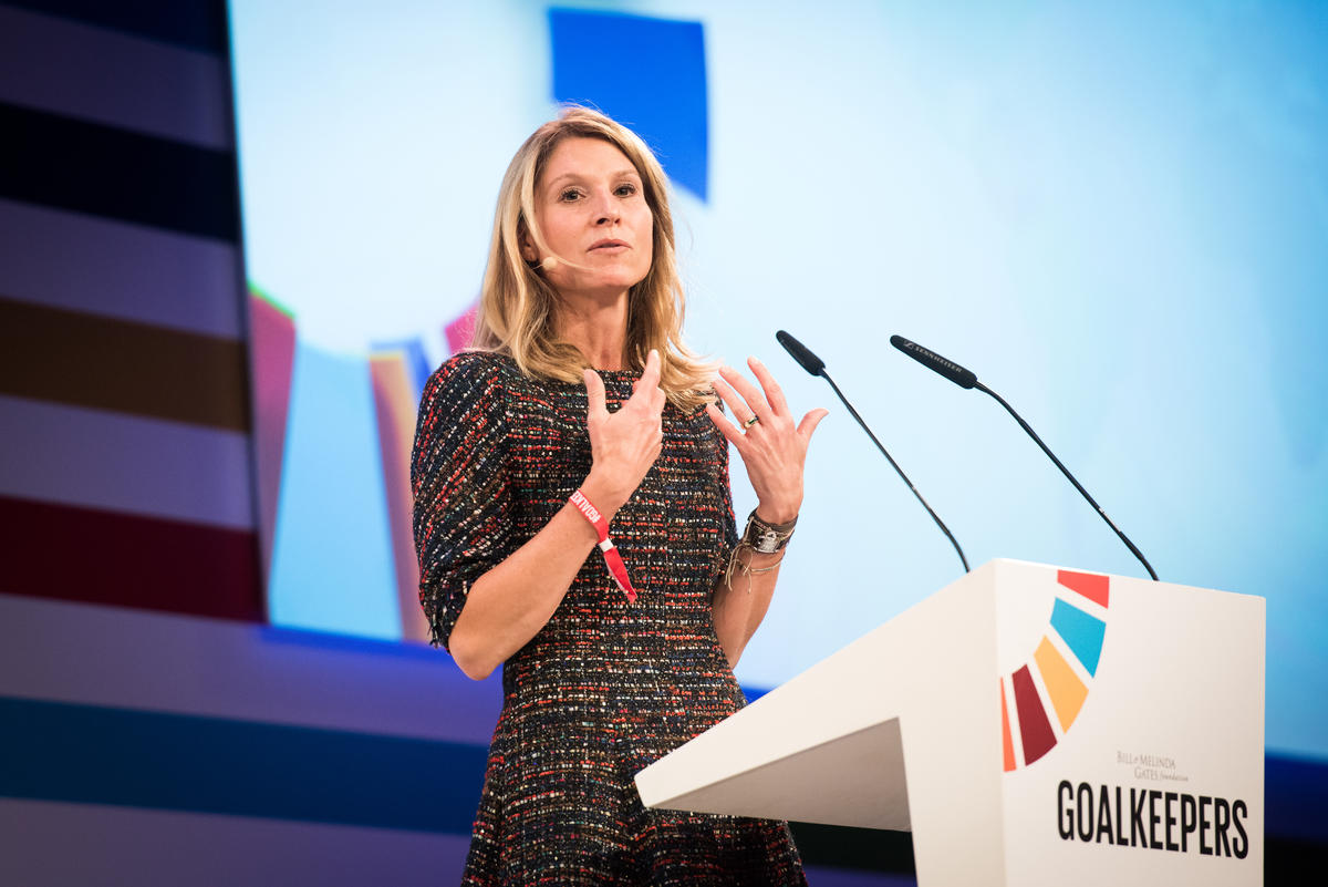 Anja Langenbucher, director, Europe Office, Bill & Melinda Gates Foundation speaks on stage at the Goalkeepers 2018 event in Berlin, Germany. ©Gates Archive/Jacobia Dahm