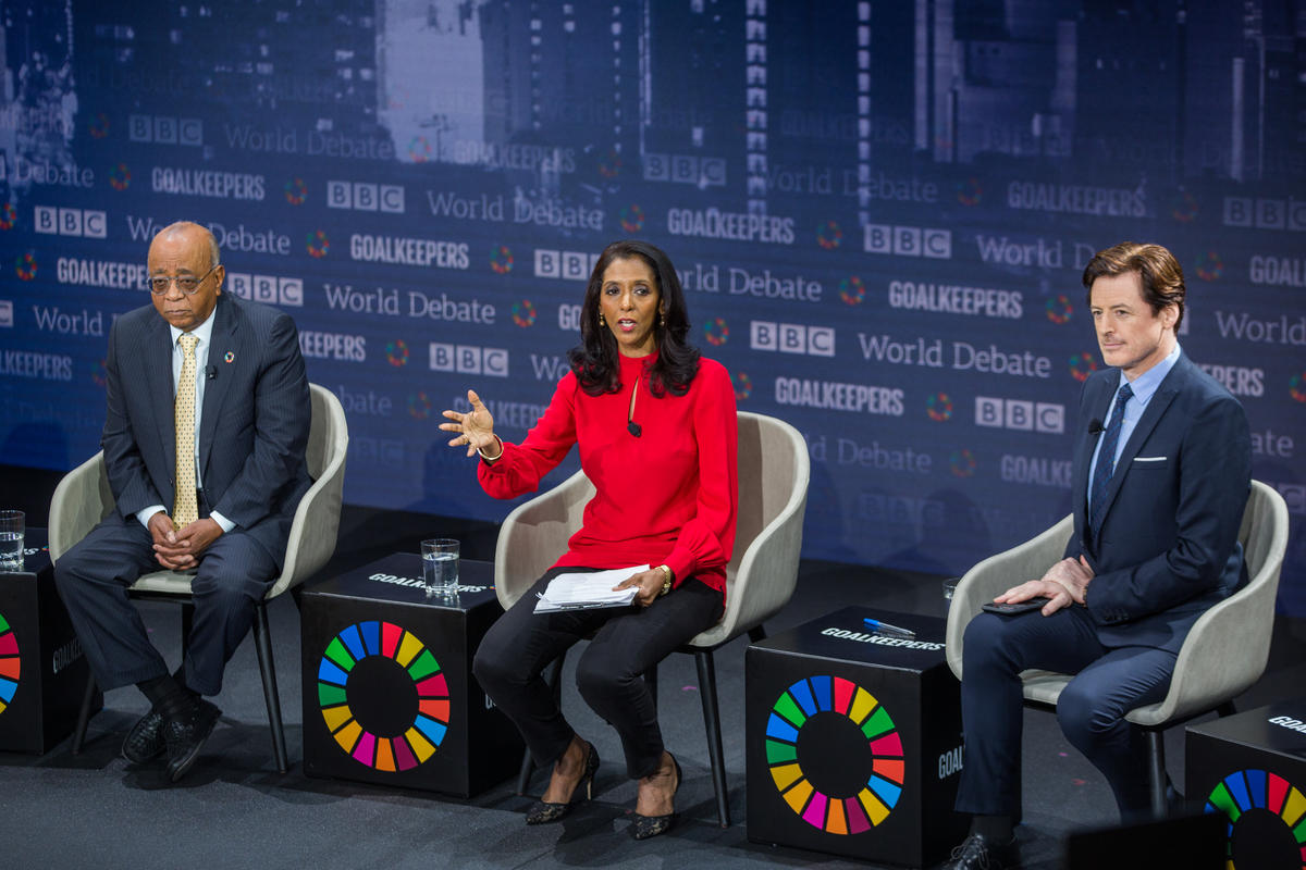 Mo Ibrahim, Zeinab Bedawi, Kay James, and John Fugelsang speak at Goalkeepers 2019. ©Gates Archive/Kevin Hagen