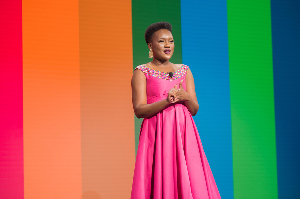 Tumelo Mothotoane speaks onstage at Goalkeepers 2019. ©Gates Archive/Mike Lawrence