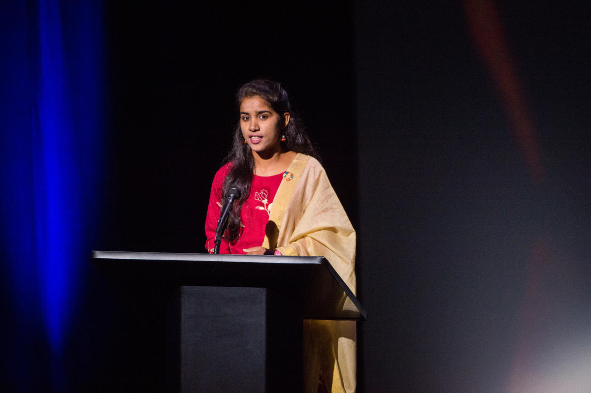 Payal Jangid speaks onstage at the Goalkeepers 2019 Global Goals Awards event. ©Gates Archive/Mike Lawrence