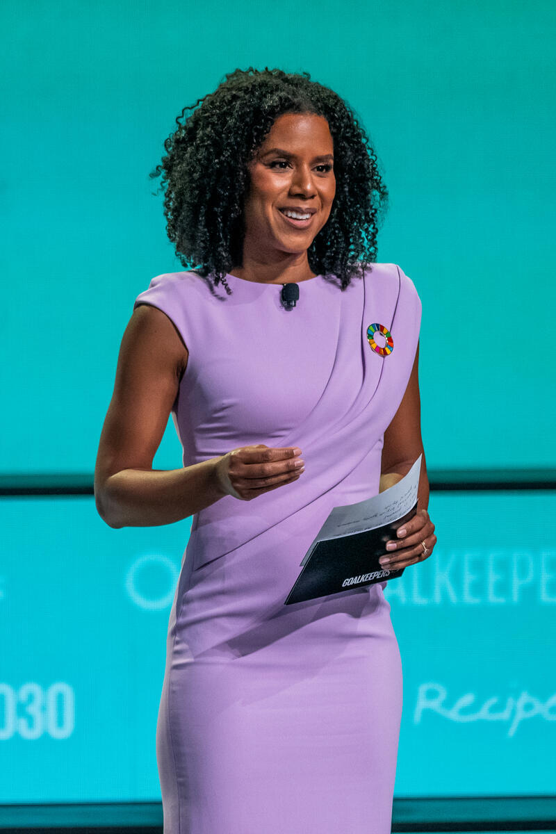 Adriana Diaz speaks on stage during the 2024 Goalkeepers NYC event. ©Gates Archive/Mike Lawrence